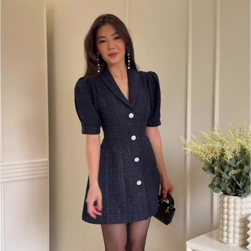 Damen-Mini-Kleid mit Reverskragen und Puffärmeln in A-Linie