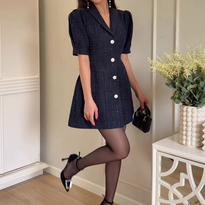 Damen-Mini-Kleid mit Reverskragen und Puffärmeln in A-Linie