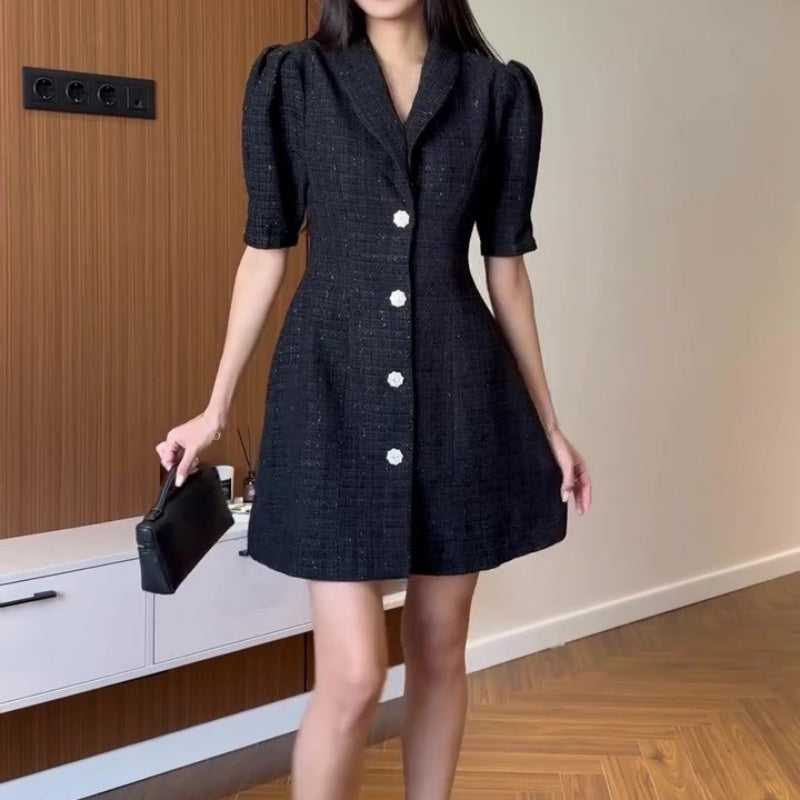 Damen-Mini-Kleid mit Reverskragen und Puffärmeln in A-Linie