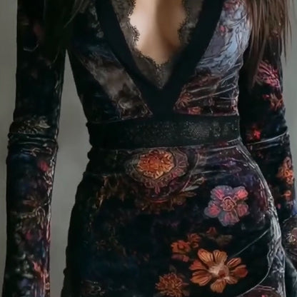 Vintage-Bodycon-Kleid aus Samt mit Blumenmuster