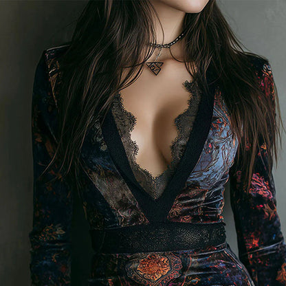 Vintage-Bodycon-Kleid aus Samt mit Blumenmuster