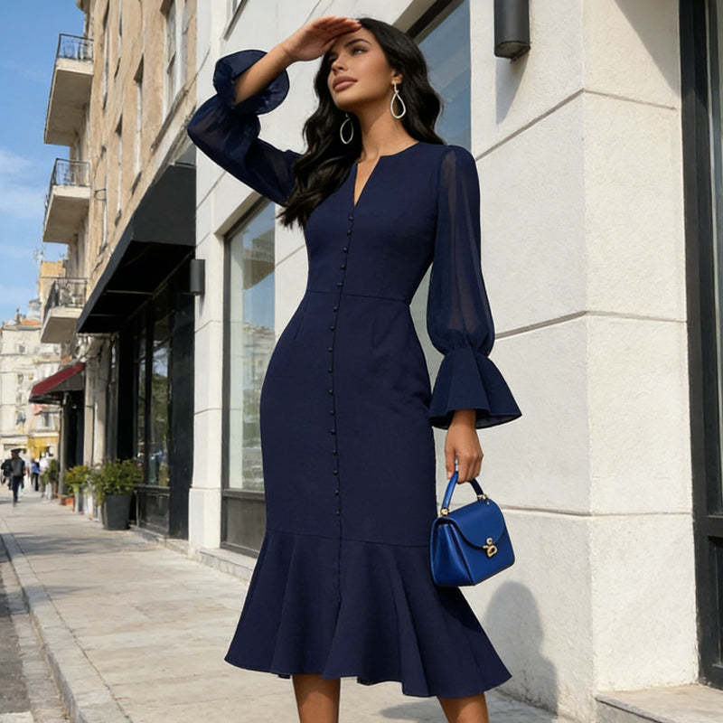 Damenkleid mit V-Ausschnitt, figurbetontem Schnitt und Fischschwanz