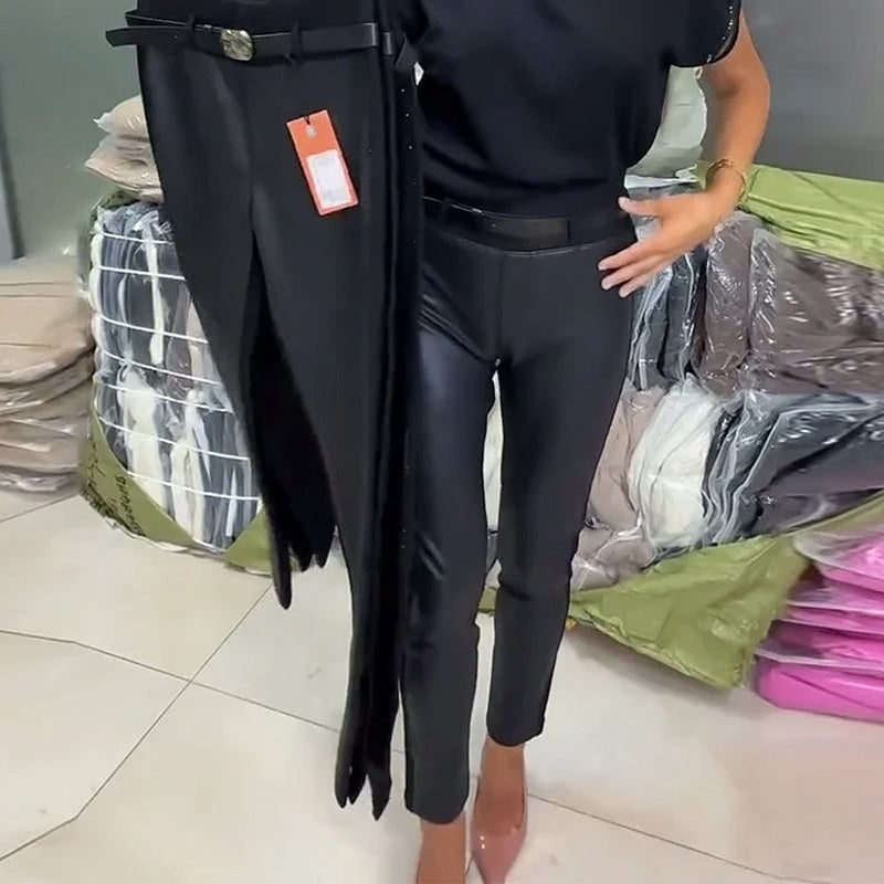 Damenhose mit hoher Taille aus Kunstleder