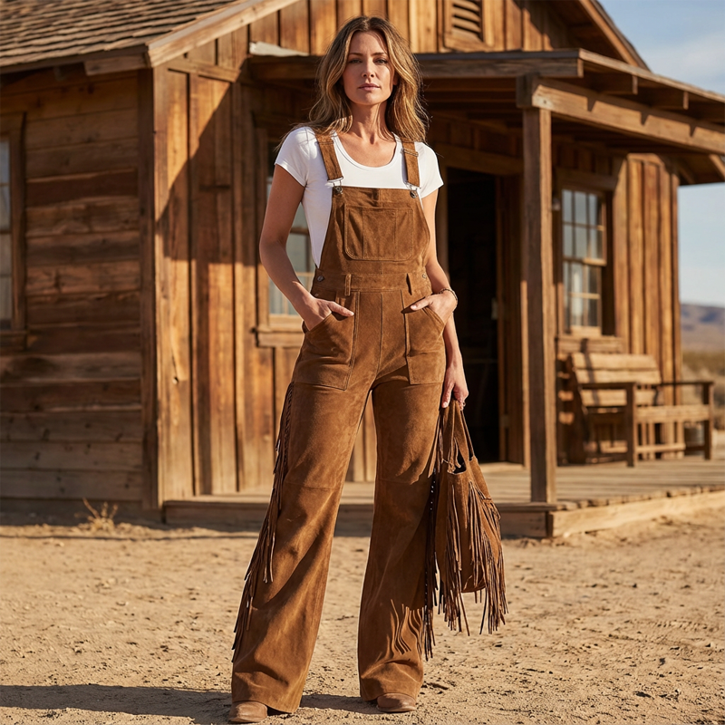 Retro-Western-Overall aus Wildleder mit Fransen