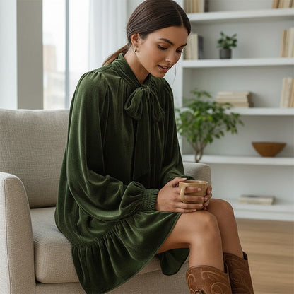 Damenkleid aus Samt mit Schleife am Halsausschnitt und Rüschen am Saum