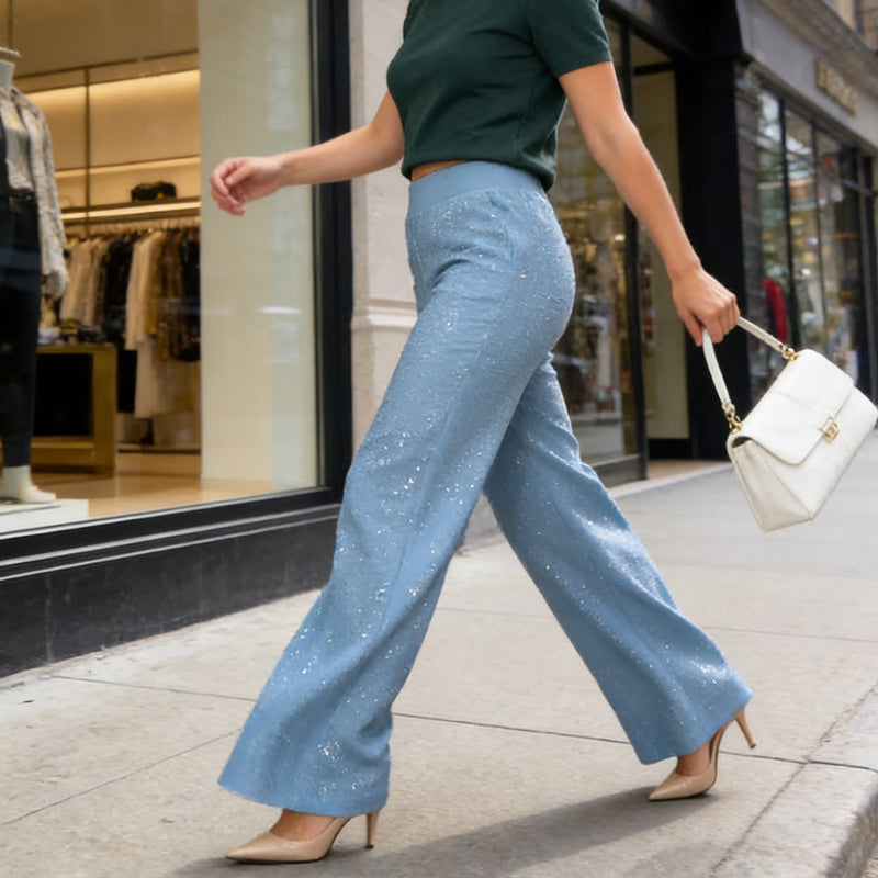 Hoch taillierte Glitzerhose mit geradem Bein