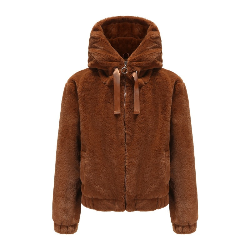 Kurze Kapuzenjacke aus Kunstfell für Damen