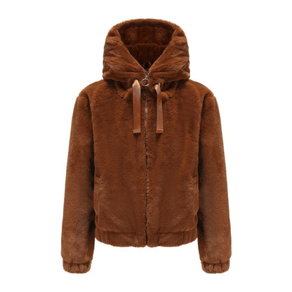 Kurze Kapuzenjacke aus Kunstfell für Damen