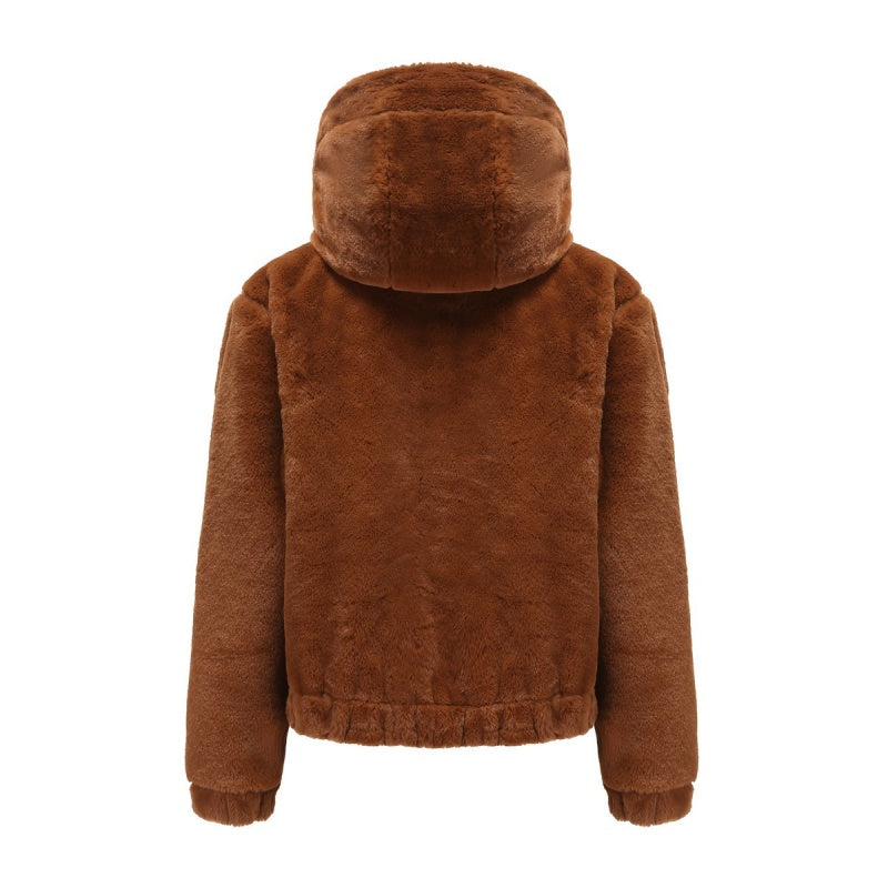 Kurze Kapuzenjacke aus Kunstfell für Damen