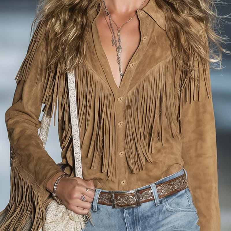 Faux Wildlederjacke mit Quasten für Damen