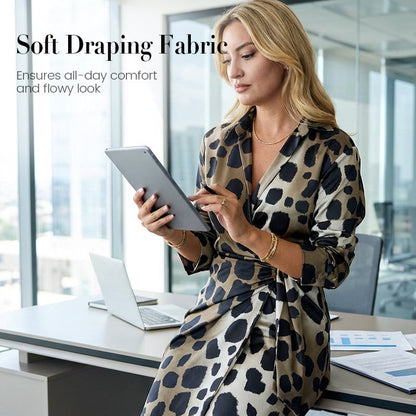 Lapel Collar Leopard Print Tie-Waist Shirt Dress