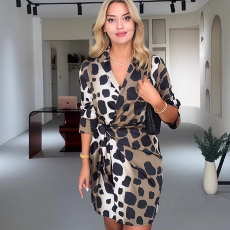 Lapel Collar Leopard Print Tie-Waist Shirt Dress