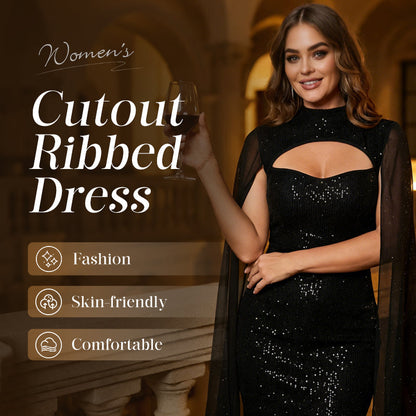 Ausgeschnittenes, geripptes Kleid für Damen mit Chiffon-Cape