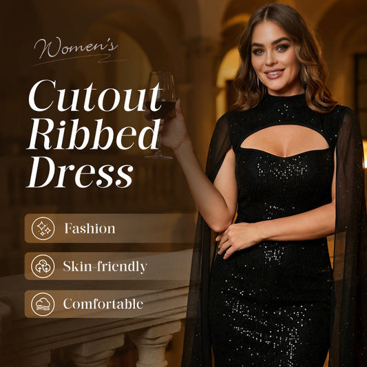 Ausgeschnittenes, geripptes Kleid für Damen mit Chiffon-Cape