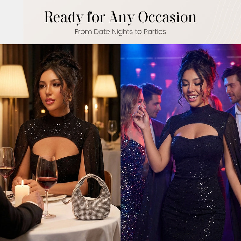 Ausgeschnittenes, geripptes Kleid für Damen mit Chiffon-Cape