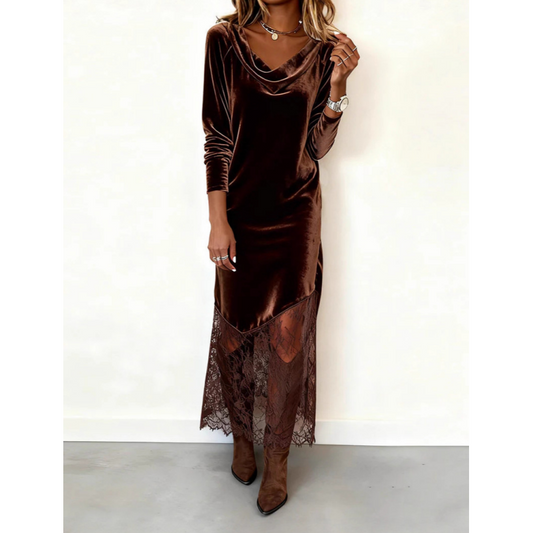 Elegantes Kleid mit Wasserfallausschnitt und Spitzenbesatz