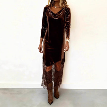 Elegantes Kleid mit Wasserfallausschnitt und Spitzenbesatz