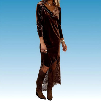 Elegantes Kleid mit Wasserfallausschnitt und Spitzenbesatz