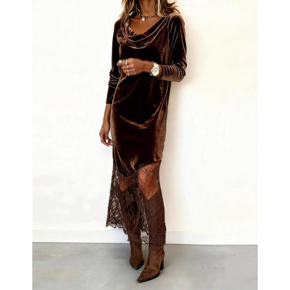 Elegantes Kleid mit Wasserfallausschnitt und Spitzenbesatz
