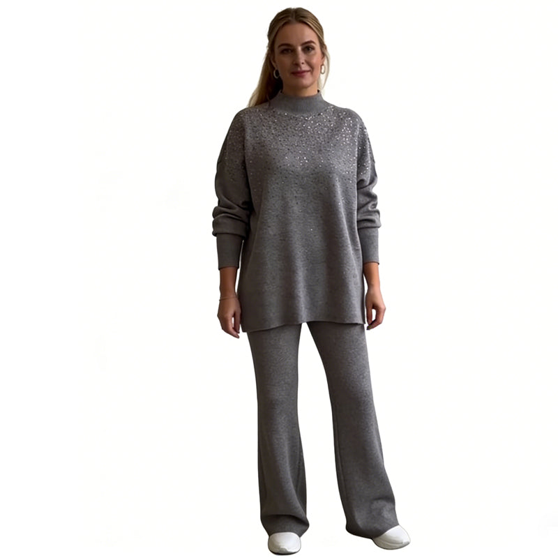 Strassverziertes Strickpullover- und Hosen-Set