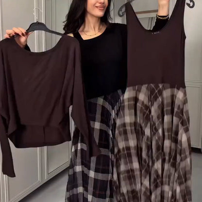 Damen-Bluse mit Rundhalsausschnitt und ärmelloses Karokleid, 2-teiliges Set