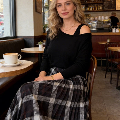 Damen-Bluse mit Rundhalsausschnitt und ärmelloses Karokleid, 2-teiliges Set