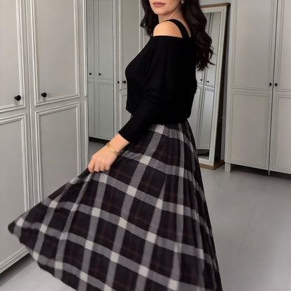 Damen-Bluse mit Rundhalsausschnitt und ärmelloses Karokleid, 2-teiliges Set
