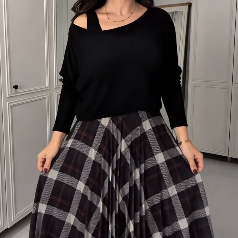 Damen-Bluse mit Rundhalsausschnitt und ärmelloses Karokleid, 2-teiliges Set