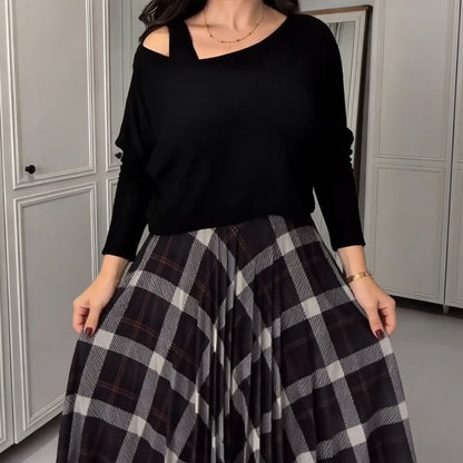 Damen-Bluse mit Rundhalsausschnitt und ärmelloses Karokleid, 2-teiliges Set