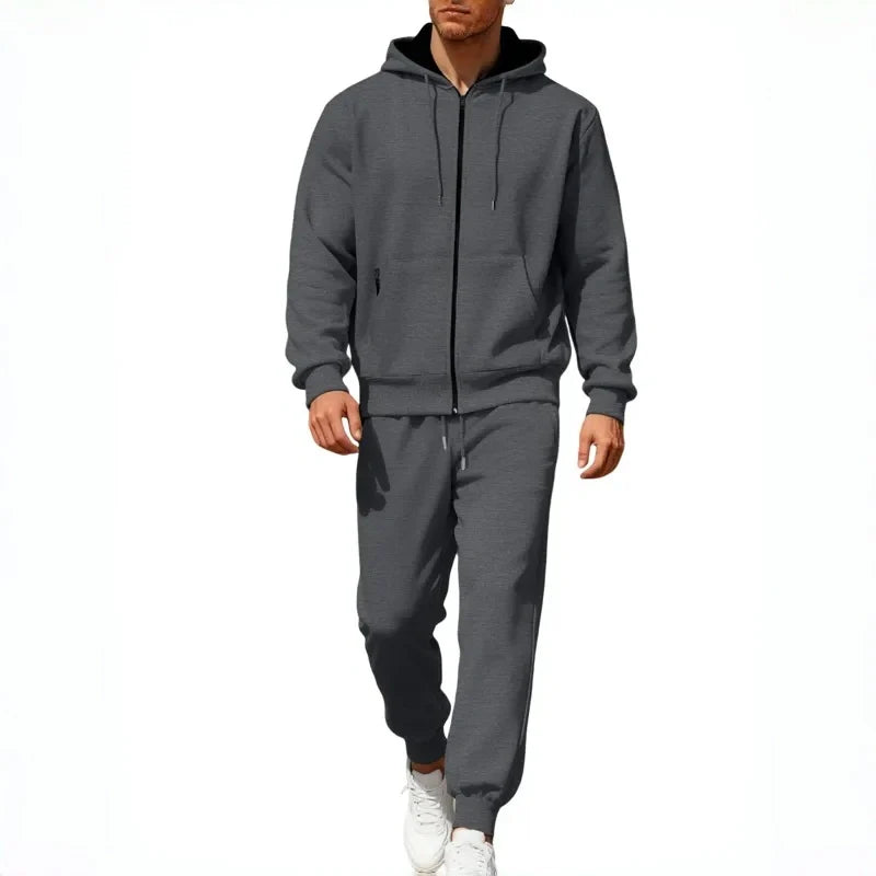 2-teiliges Set aus warmer Kapuzenjacke mit Reißverschluss und Hose für Herren
