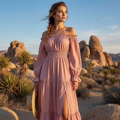 Damenkleid mit schulterfreiem Ausschnitt und hoher Taille🔥Kauf 2 Artikel versandkostenfrei🔥