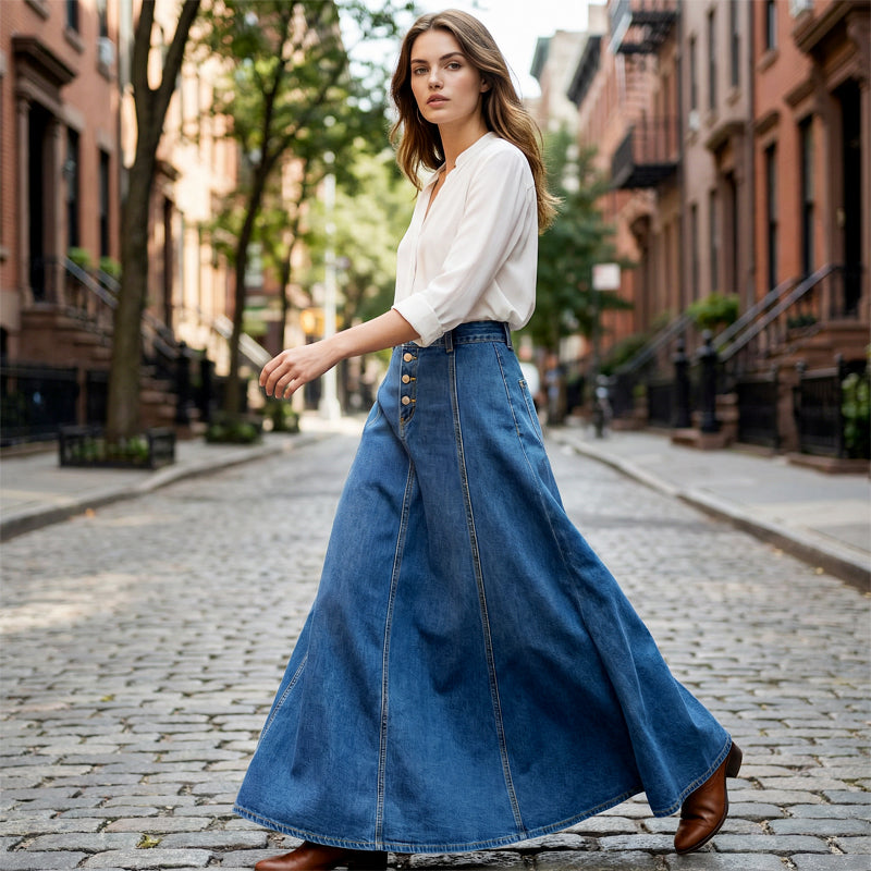 👗 60% RABATT! ✨ Vintage-Jeansrock mit Knopfleiste und A-Linie – Retro-Stil, Verstellbare Passform & Klassischer Denim-Look 💙