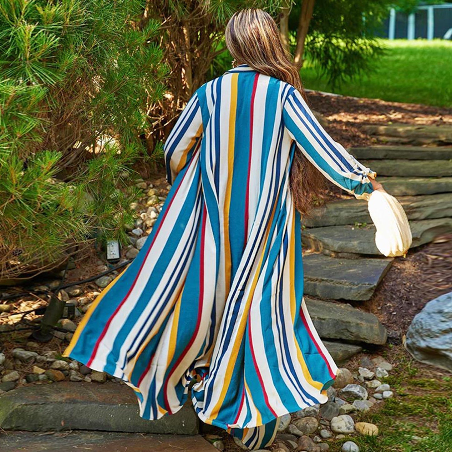 Damen-Set, langärmeliges gestreiftes Gewand + Hose, zweiteiliges Set