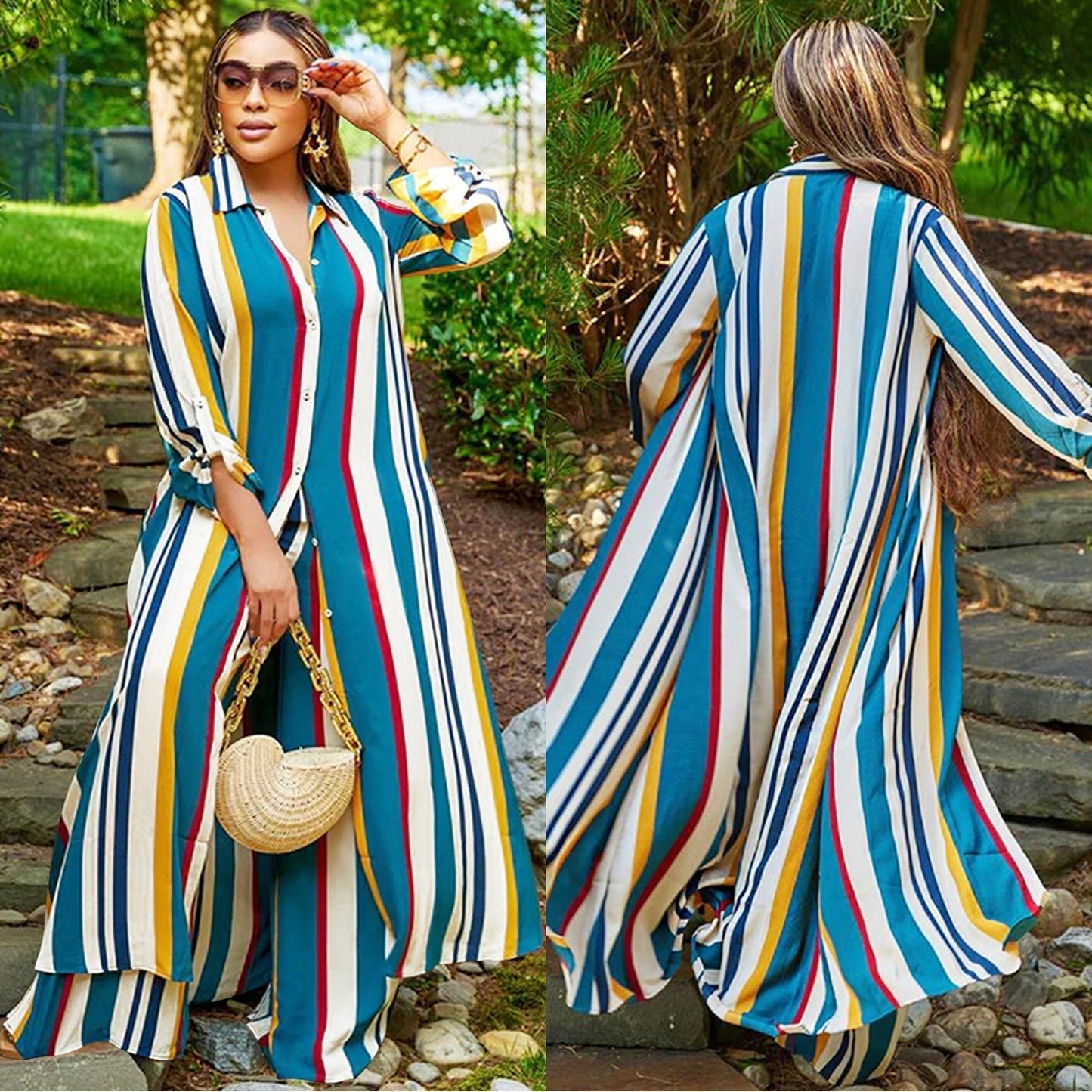 Damen-Set, langärmeliges gestreiftes Gewand + Hose, zweiteiliges Set