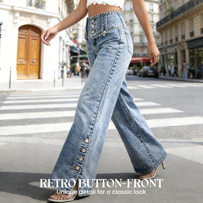 🌸 2026 Frühling/Sommer: Damen-Hochtaillierte Weitbeinjeans – Retro-Knöpfe, Seitenschlitze & Stretch-Denim – Schlankmachend & Trendig, S-2XL