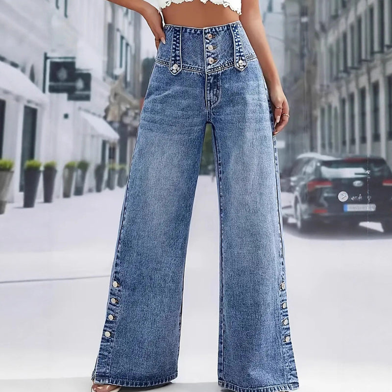 🌸 2026 Frühling/Sommer: Damen-Hochtaillierte Weitbeinjeans – Retro-Knöpfe, Seitenschlitze & Stretch-Denim – Schlankmachend & Trendig, S-2XL