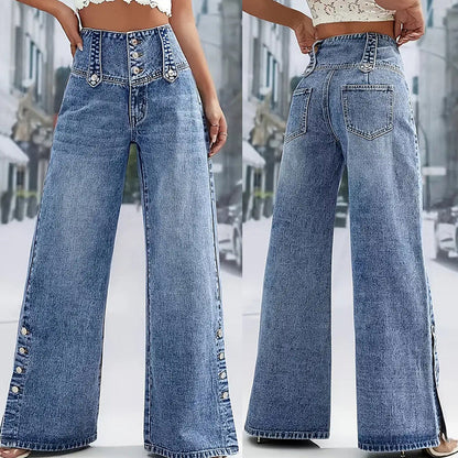 🌸 2026 Frühling/Sommer: Damen-Hochtaillierte Weitbeinjeans – Retro-Knöpfe, Seitenschlitze & Stretch-Denim – Schlankmachend & Trendig, S-2XL