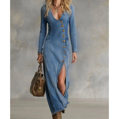 Damenkleid mit langen Ärmeln und V-Ausschnitt