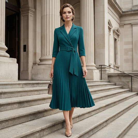 Elegantes Kleid mit V-Ausschnitt, Falten und Gürtel