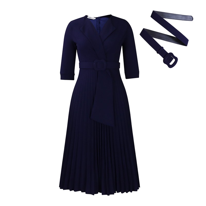 Elegantes Kleid mit V-Ausschnitt, Falten und Gürtel