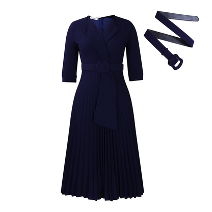 Elegantes Kleid mit V-Ausschnitt, Falten und Gürtel