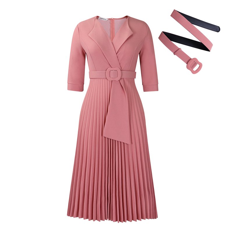 Elegantes Kleid mit V-Ausschnitt, Falten und Gürtel