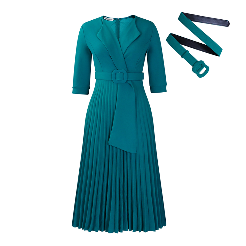 Elegantes Kleid mit V-Ausschnitt, Falten und Gürtel