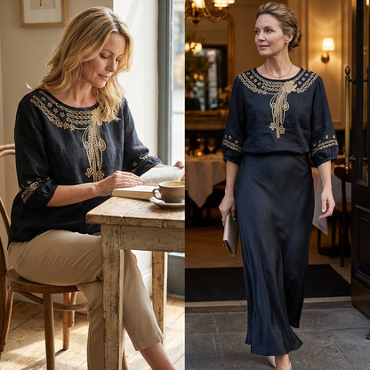 Bestickte Bluse aus Baumwoll-Leinen-Mischung für Damen