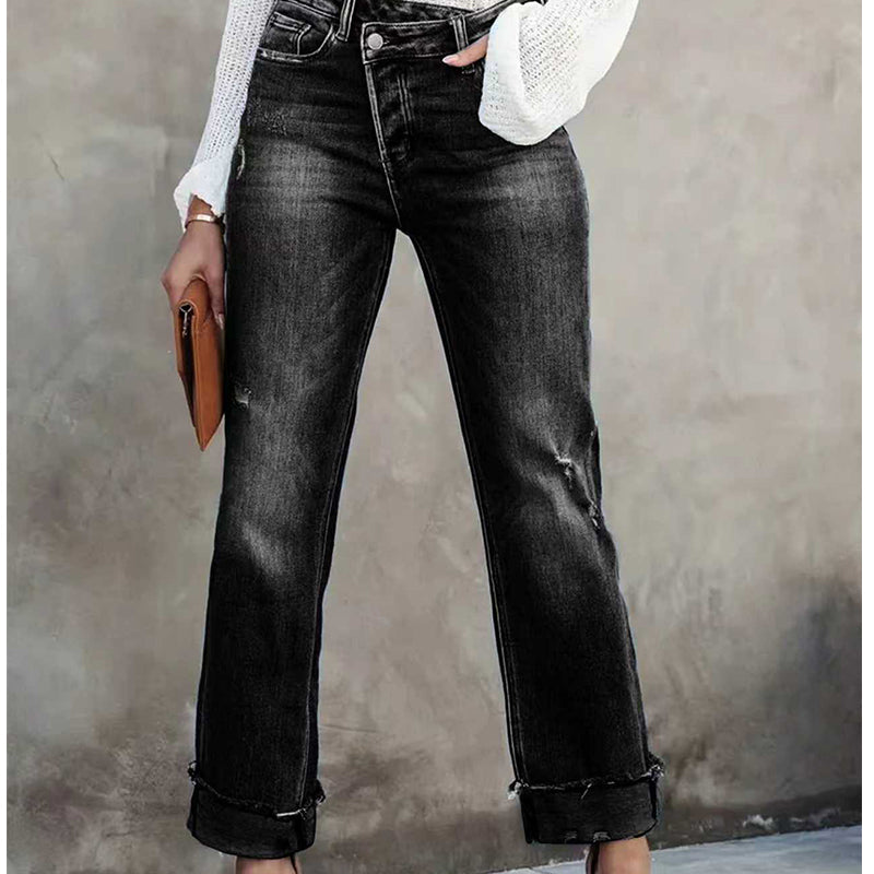 Damenjeans mit hoher Taille und geradem Bein aus Stretchmaterial