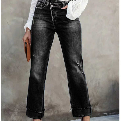 Damenjeans mit hoher Taille und geradem Bein aus Stretchmaterial