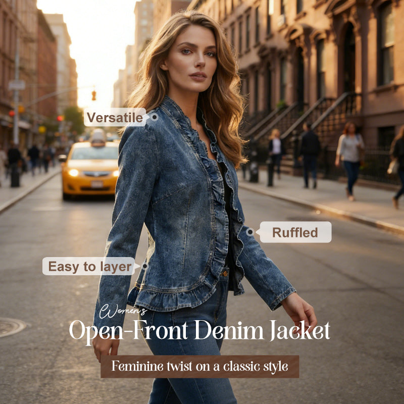 🧥 LIMITED-TIME 50% RABATT! ✨ Damen-Jeansjacke – Rüschenbesatz, Offenes Vorderteil, Leicht, Vielseitig ✨