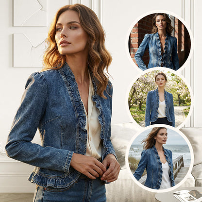 🧥 LIMITED-TIME 50% RABATT! ✨ Damen-Jeansjacke – Rüschenbesatz, Offenes Vorderteil, Leicht, Vielseitig ✨