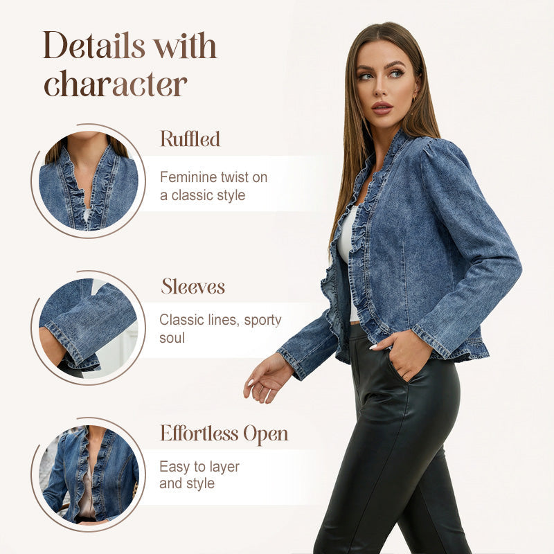 🧥 LIMITED-TIME 50% RABATT! ✨ Damen-Jeansjacke – Rüschenbesatz, Offenes Vorderteil, Leicht, Vielseitig ✨