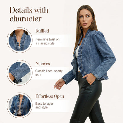 🧥 LIMITED-TIME 50% RABATT! ✨ Damen-Jeansjacke – Rüschenbesatz, Offenes Vorderteil, Leicht, Vielseitig ✨